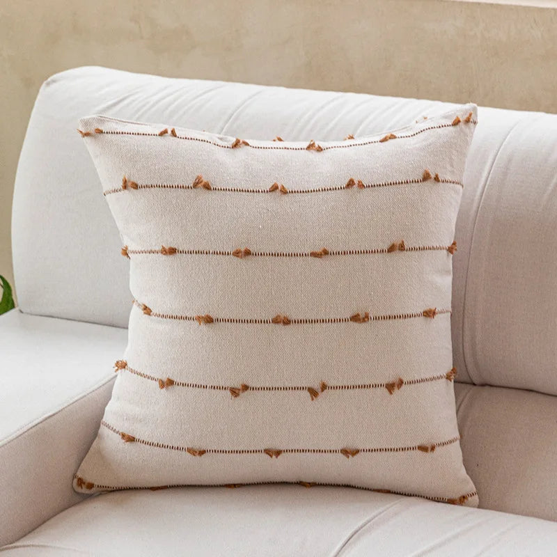 Boho Striped Throw Pillow Covers Set of 2 – Beige Cotton Farmhouse