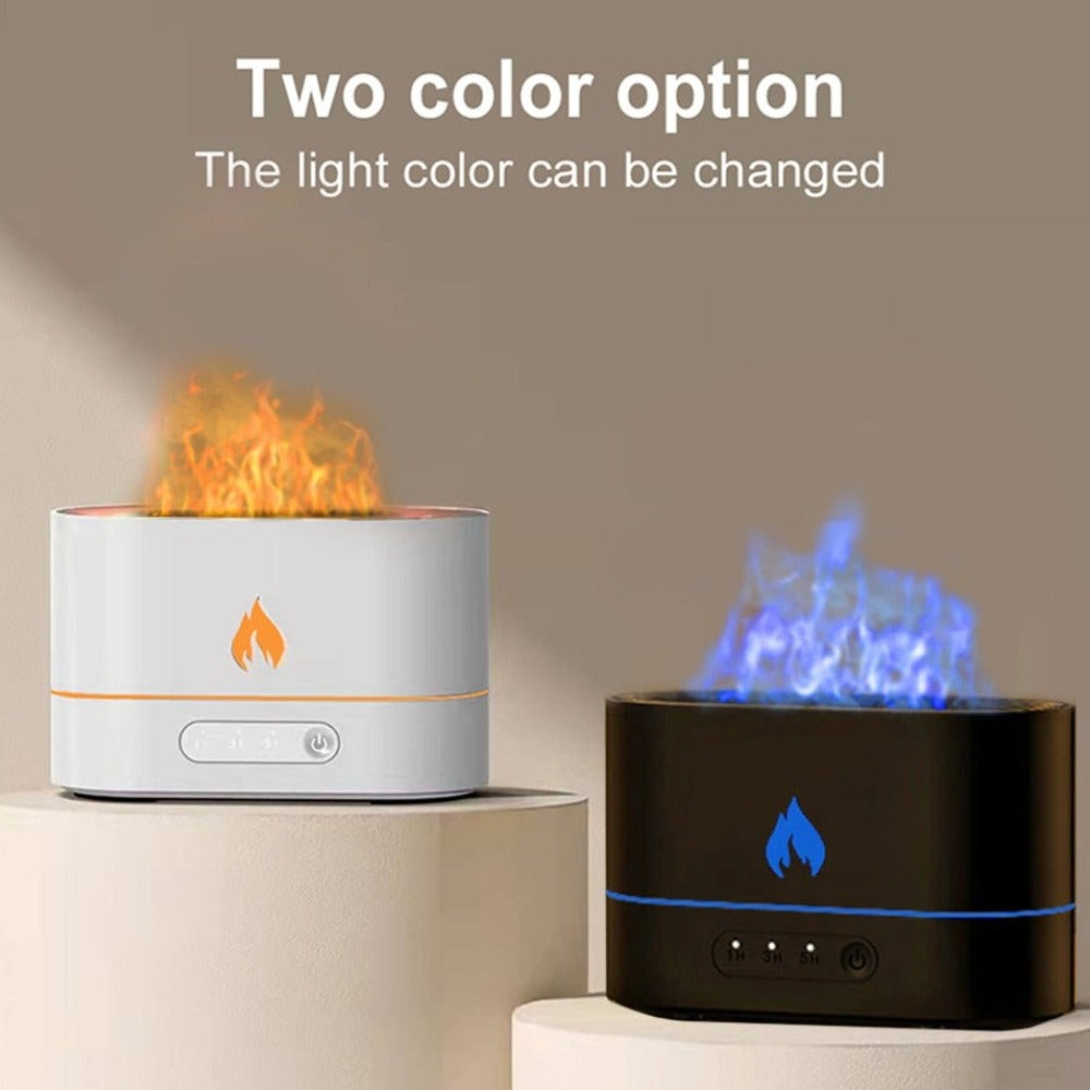 Two flame-shaped light devices with color-changing capability on a neutral background.