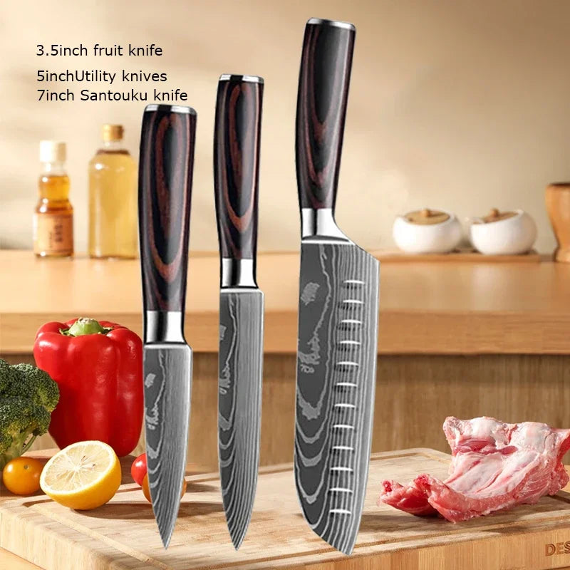 Professional Laser Knife Set, Chef, Santoku, Cleaver & Boning Knife
