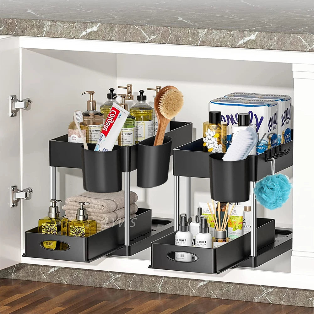 Cabinet organizer with various items inside a kitchen cabinet.