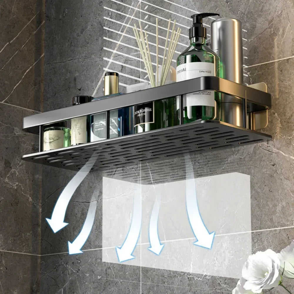 Bathroom shelf with toiletries on a tiled wall
