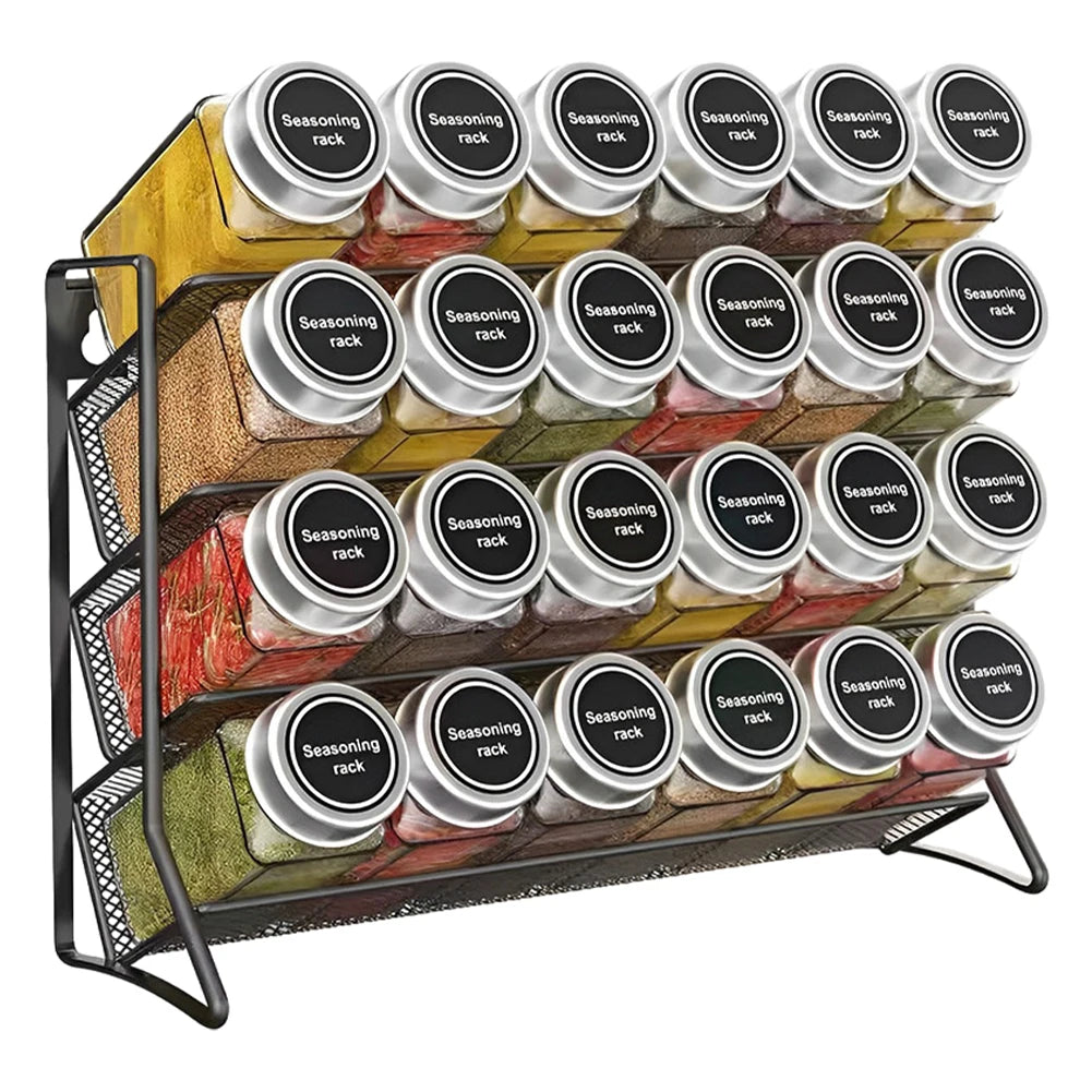 Organize your kitchen with this 4 tier spice jar rack made of durable carbon steel. Wall mounted or countertop use.