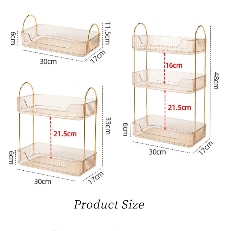 Dimensions of a three-tiered metal storage shelf with gold accents.