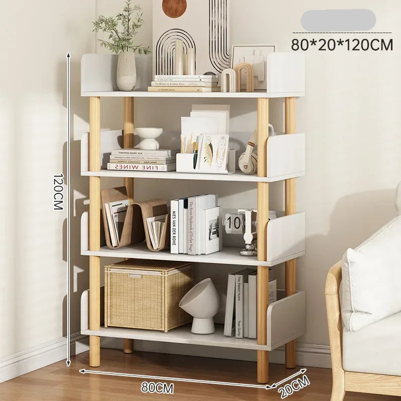 Wooden shelf with books and decor items in a room setting
