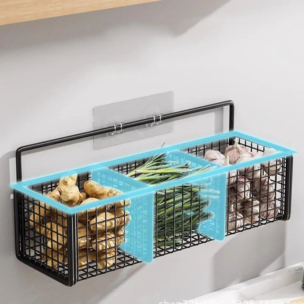 Kitchen Storage Baskets with 1/2/3 Compartments Punch-Free Spice Rack Wall Mount Ginger Garlic Separation Storage