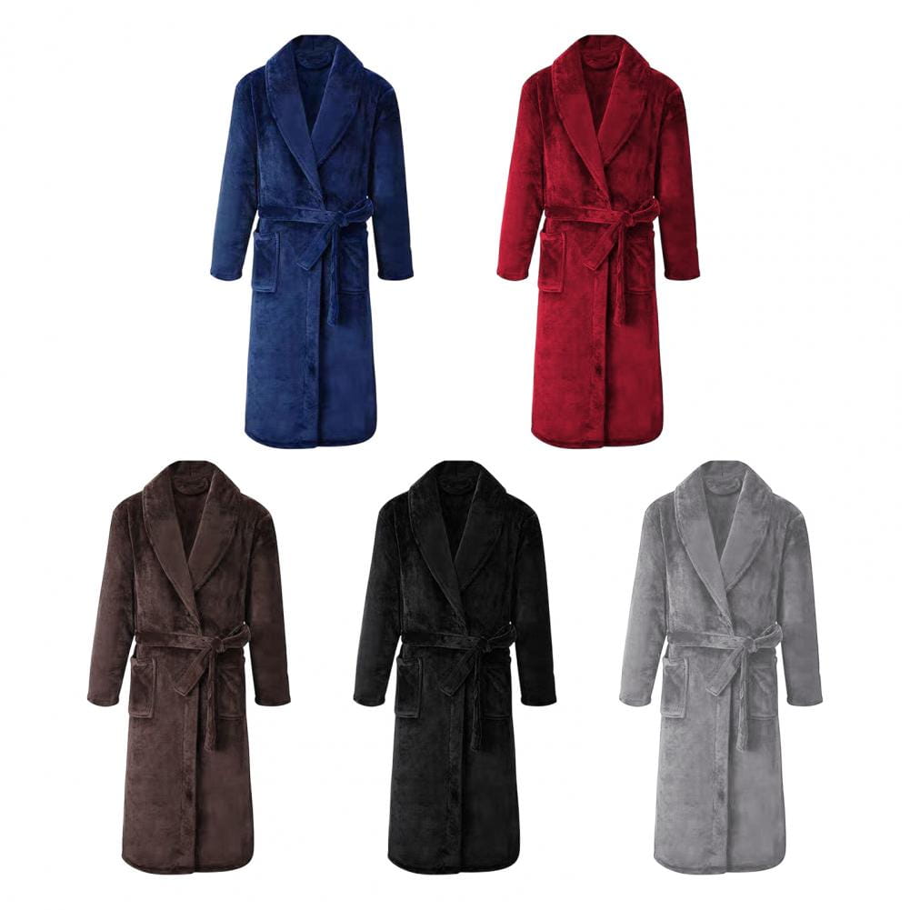 Men’s Plush Flannel Winter Bathrobe – Thick Soft Fleece Robe with Belt & Pockets Knee‑Length Home Loungewear Sleepwear