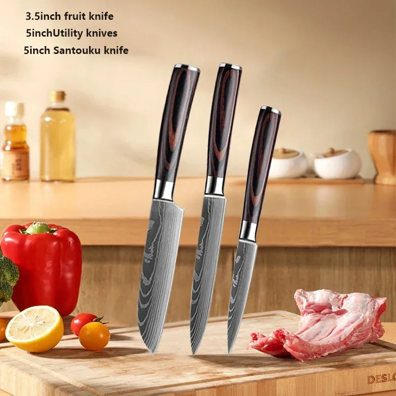 Three knives on a wooden cutting board with vegetables and meat, set against a kitchen background.