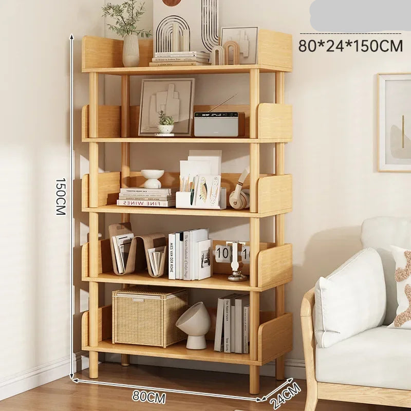 Wooden bookshelf with decorative items in a room setting