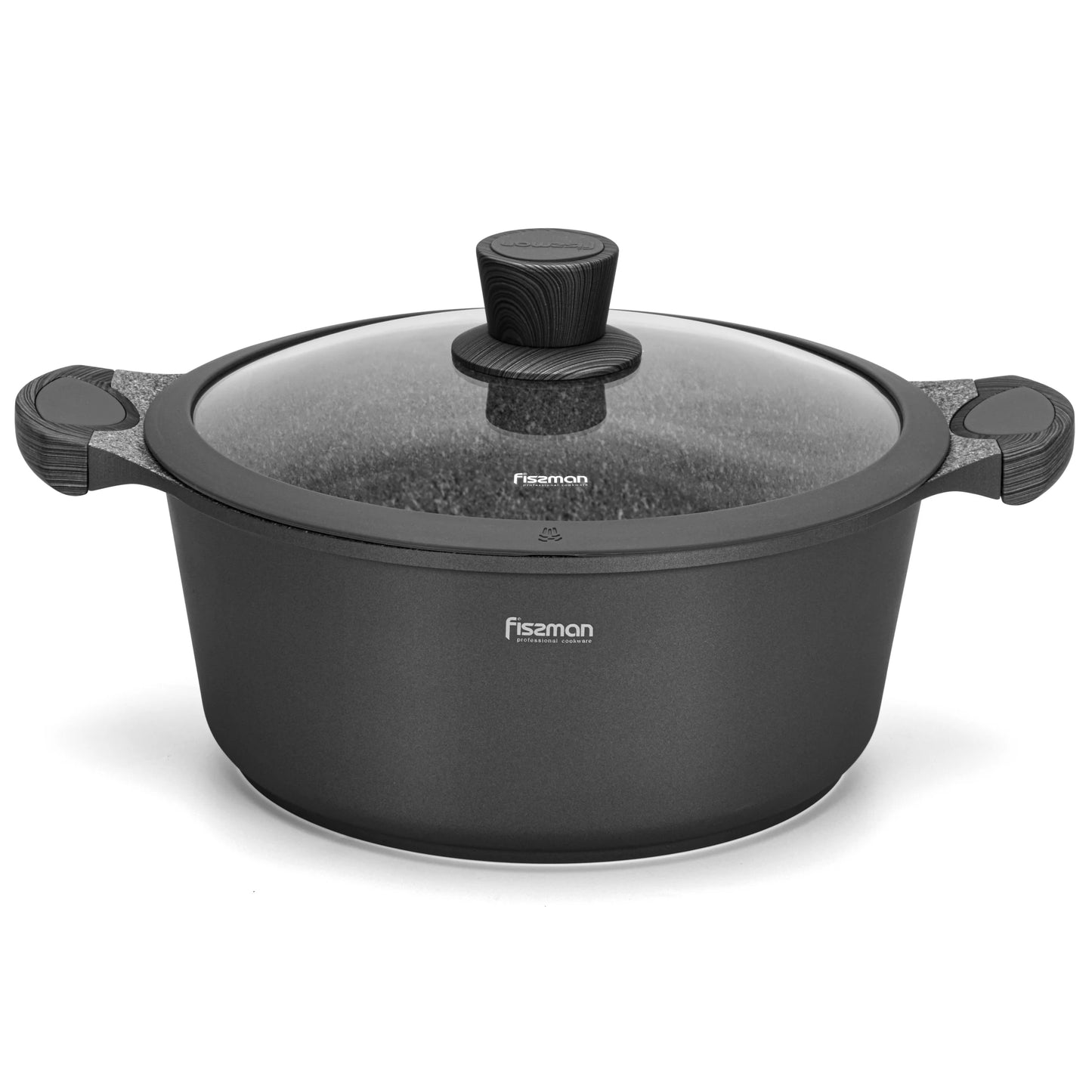 Black cookware pot with lid on a white background