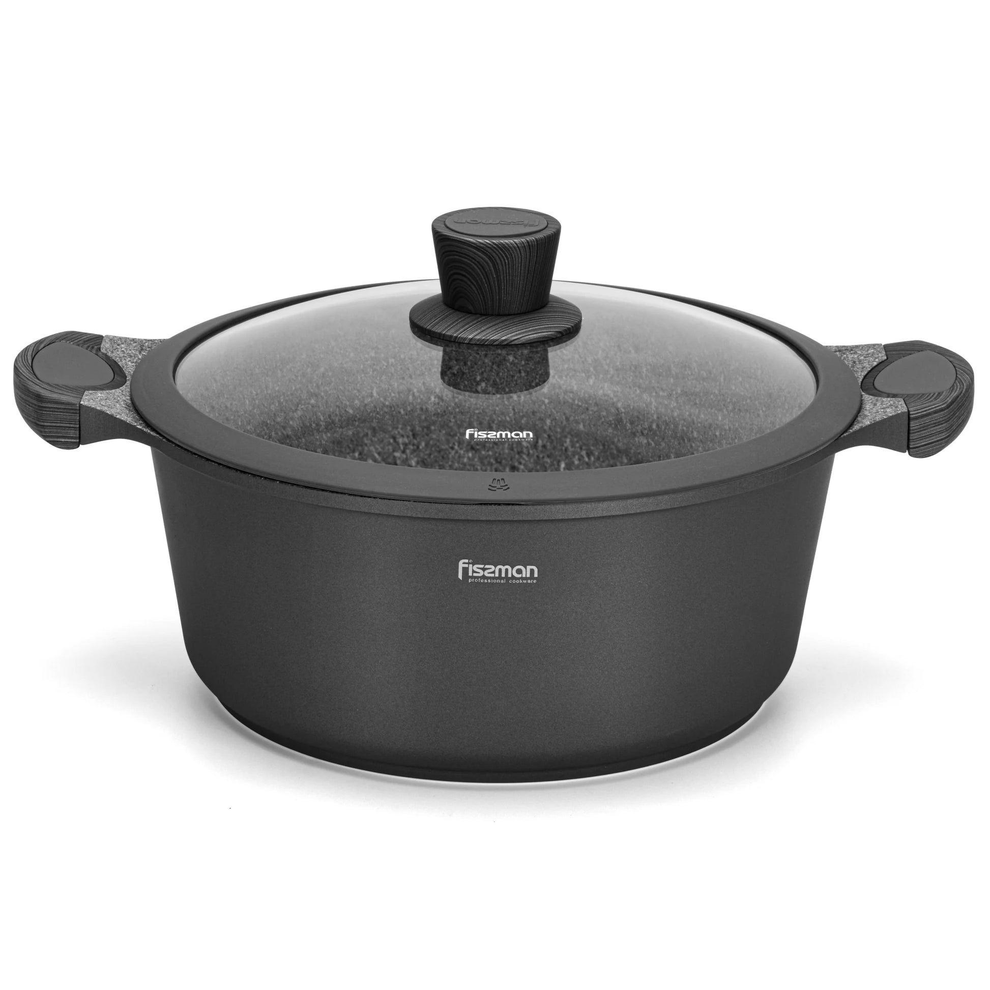 Black cookware pot with lid on a white background