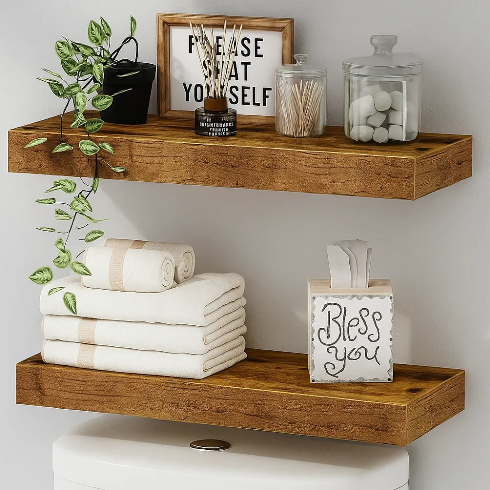 Wooden shelves with towels, plants, and decorative items against a white wall.