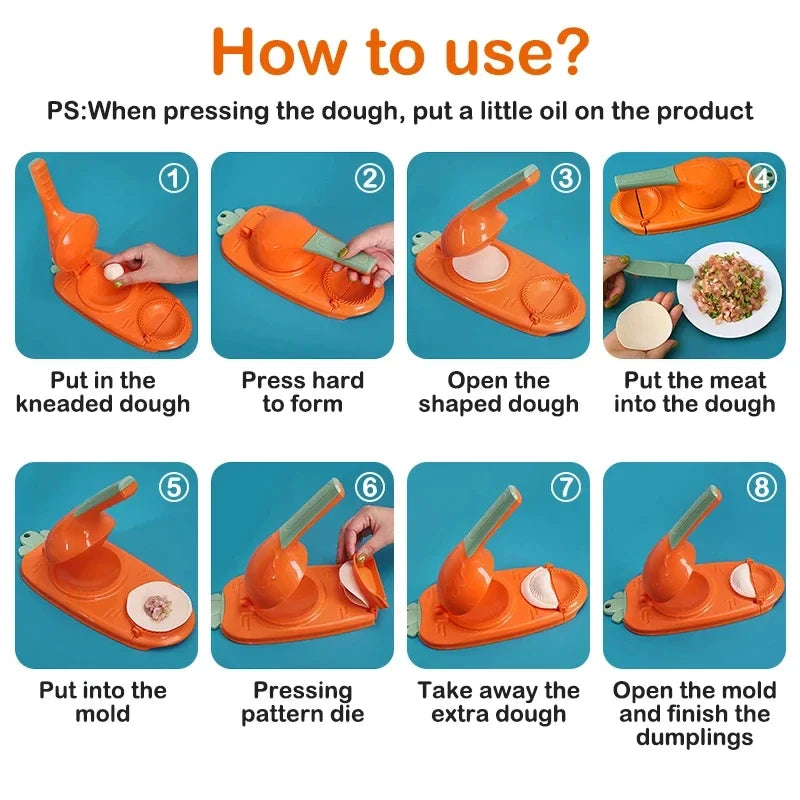 Step-by-step guide on how to use a dough press with images and text instructions.