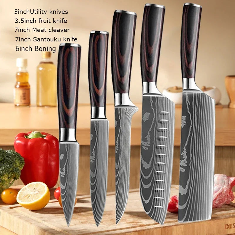 Professional Laser Knife Set, Chef, Santoku, Cleaver & Boning Knife