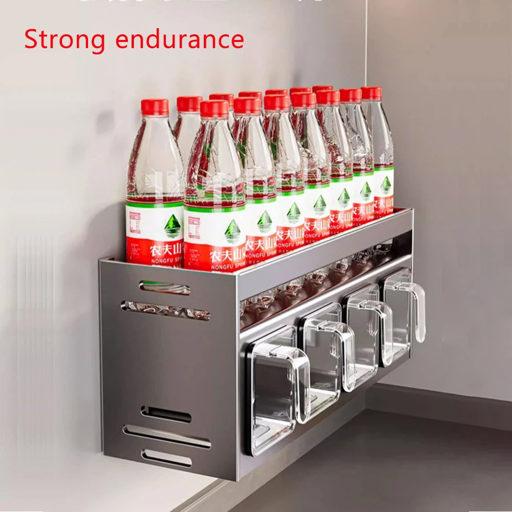 Bottles on a wall-mounted shelf with 'Strong endurance' text above.