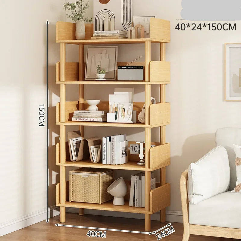 Wooden bookshelf with various items against a beige wall with a sofa.