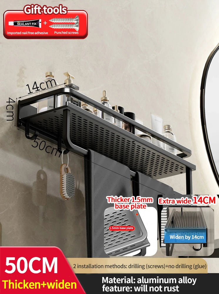 Wall-mounted bathroom shelf with dimensions and material details on a neutral background