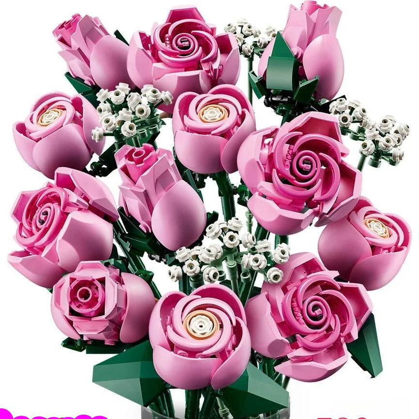 Bouquet of pink rose-shaped building blocks with a clear base, labeled '#10374' and '789pcs'.