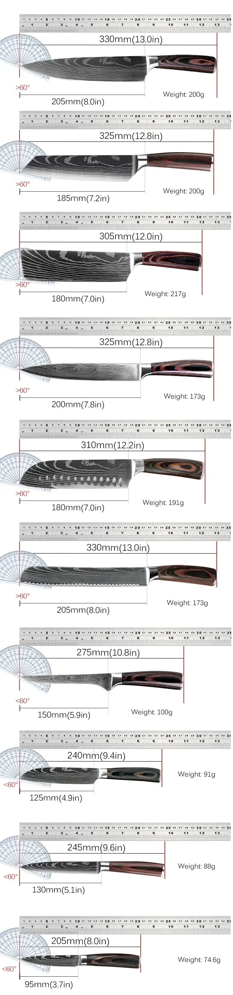 Collection of knives with measurements on a white background