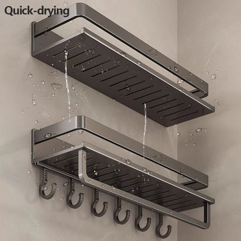 Shower rack with hooks on a shower wall, showing water droplets.