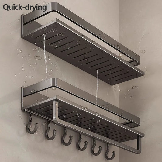 Shower rack with hooks on a shower wall, showing water droplets.