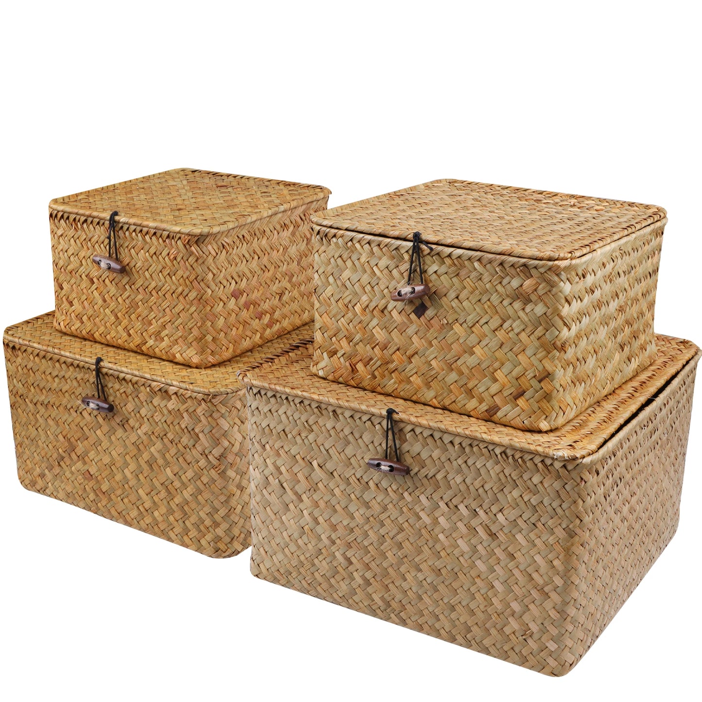 Set of 4 Seagrass Storage Baskets with Lids Woven Organizer Boxes