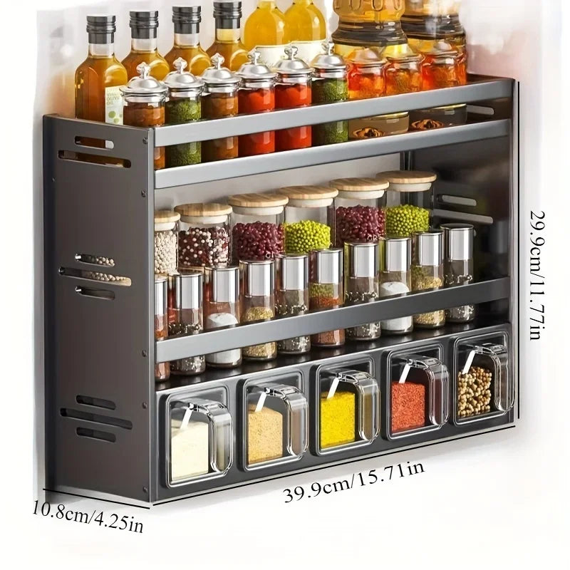 Wall-Mounted Metal Kitchen Spice Rack Seasoning Organizer Set