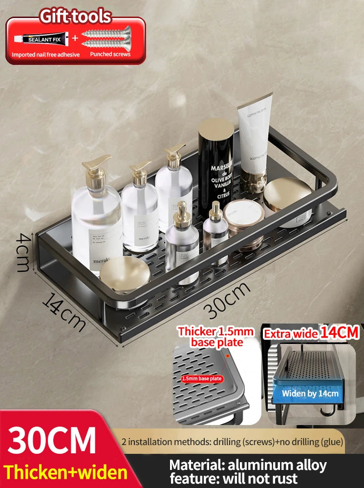 Black bathroom shelf with various toiletries on a neutral background, featuring measurements and material details.