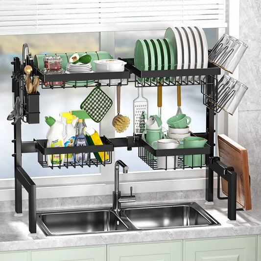 Kitchen dish rack with various utensils and dishes above a sink.