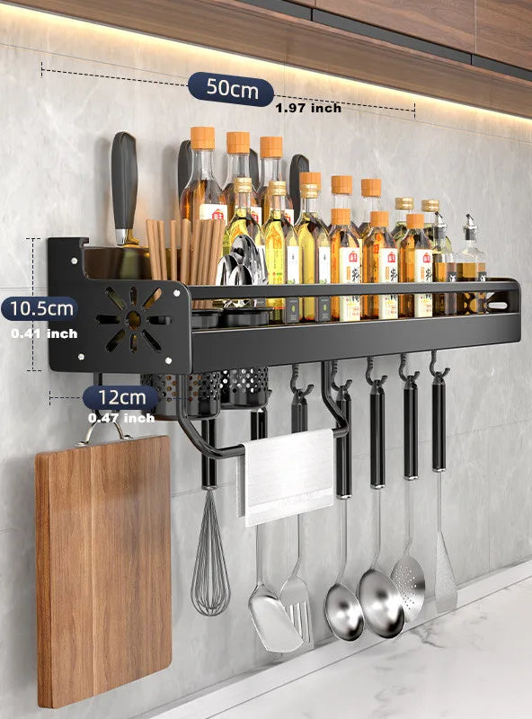 Wall-Mounted Kitchen Organizer Shelf with Knife Holder & Spice Rack