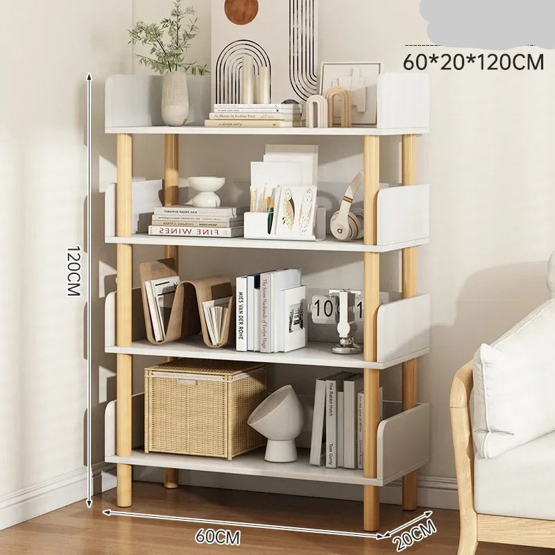 Wooden bookshelf with books and decor items against a white wall.