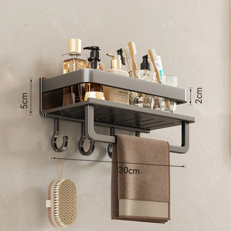 Bathroom shelf with towel bar and hooks on a wall, showing dimensions.
