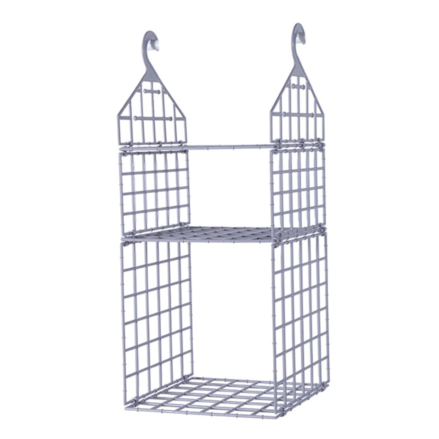 Metal wall-mounted shelf with grid design on a white background