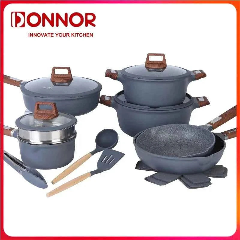 DONNOR 17pcs/set Non Stick Uncoated Frying Pan with Lid Cookware Aluminum Granite Soup Pot Milk Pot Stove Universal Kitchen Tool