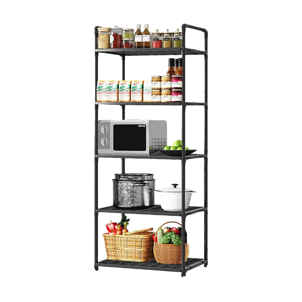 Black metal kitchen shelf with various items including a microwave, pots, and baskets on a white background