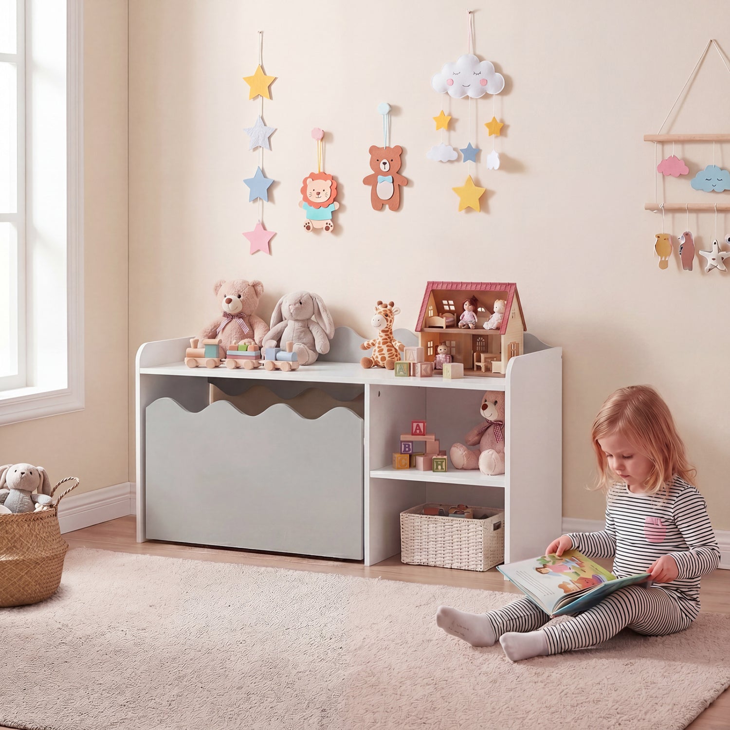 Scalloped Kids Bookshelf and Toy Storage Organizer for Playroom-Gray