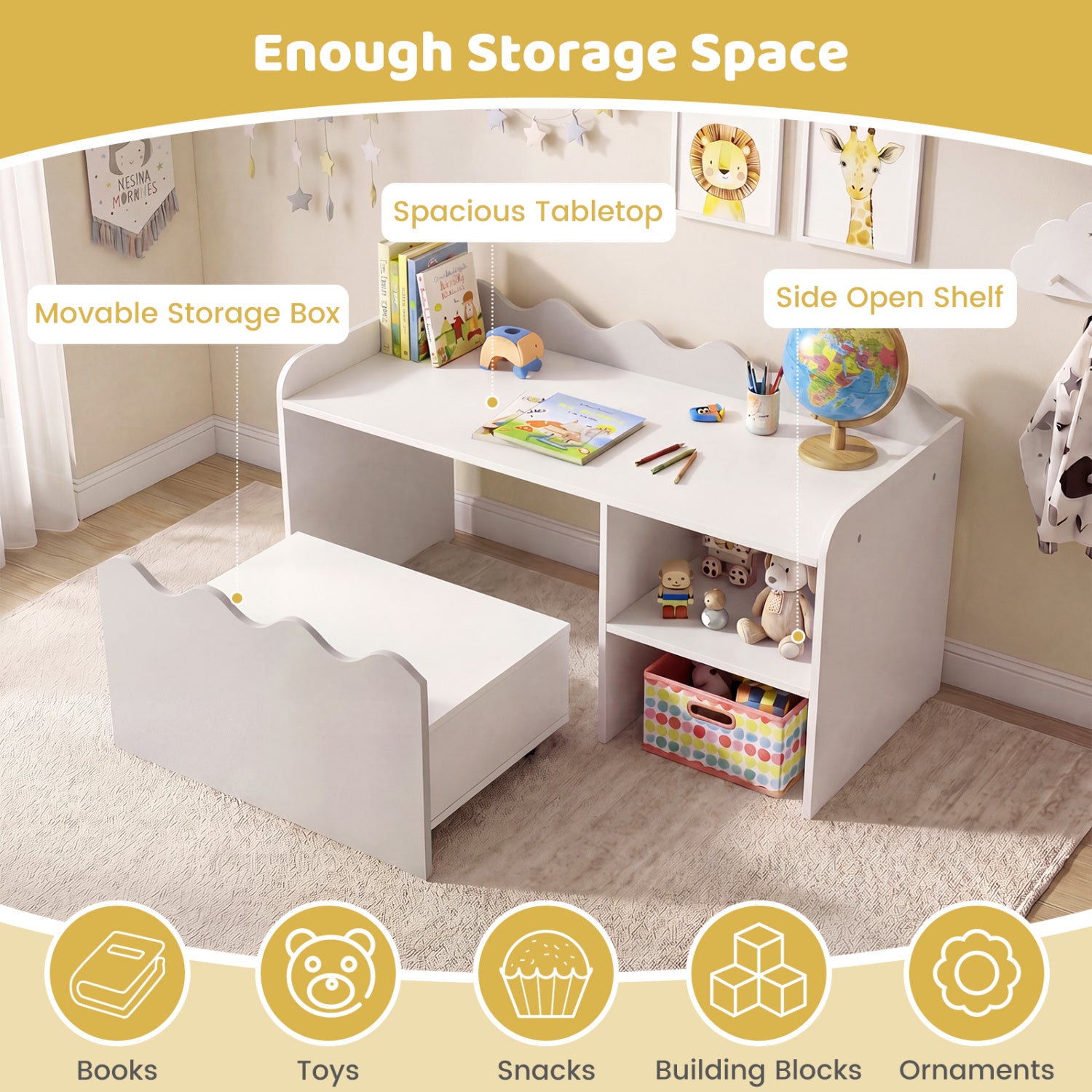 Scalloped Kids Bookshelf and Toy Storage Organizer for Playroom-Gray