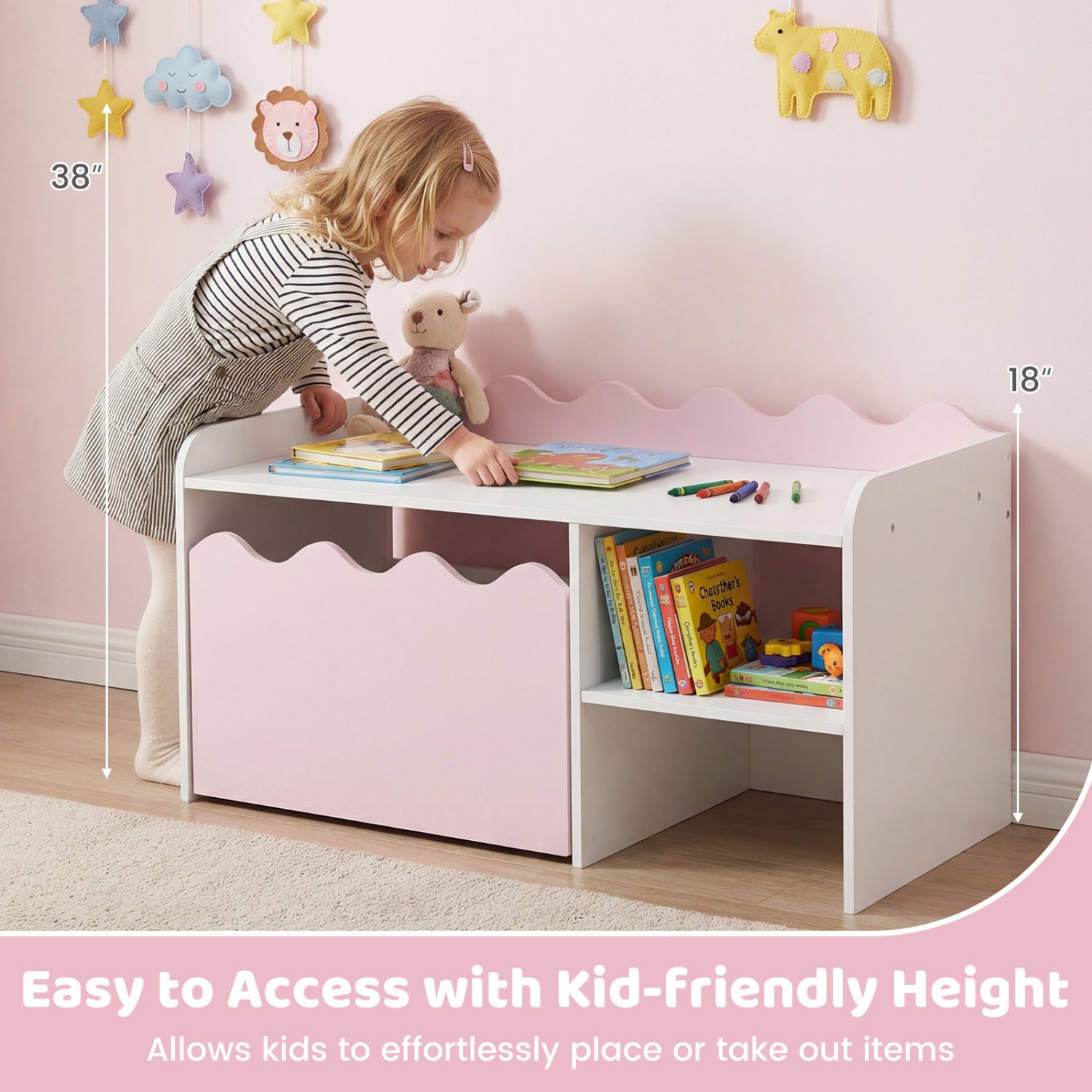 Scalloped Kids Bookshelf and Toy Storage Organizer for Playroom-Pink