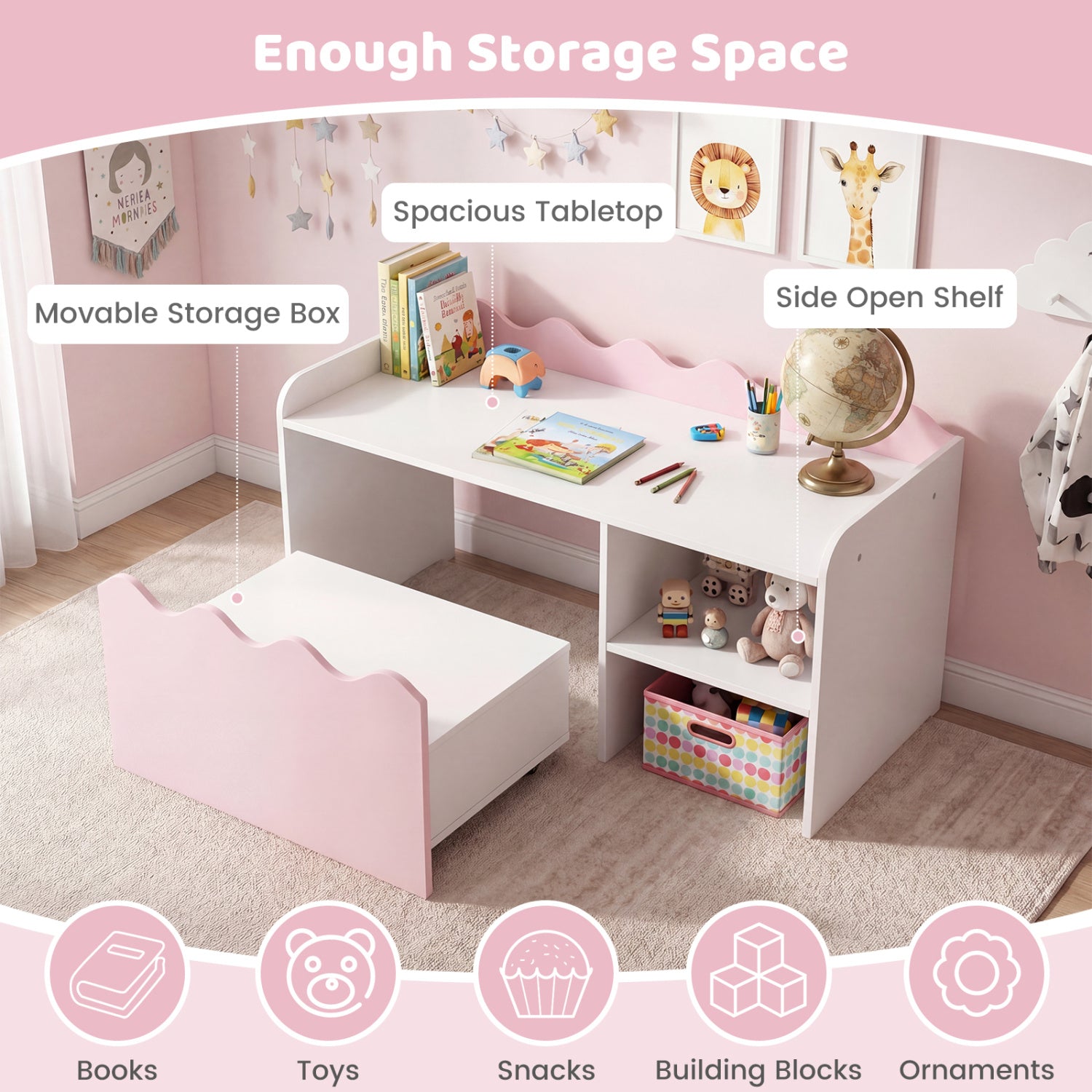 Scalloped Kids Bookshelf and Toy Storage Organizer for Playroom-Pink