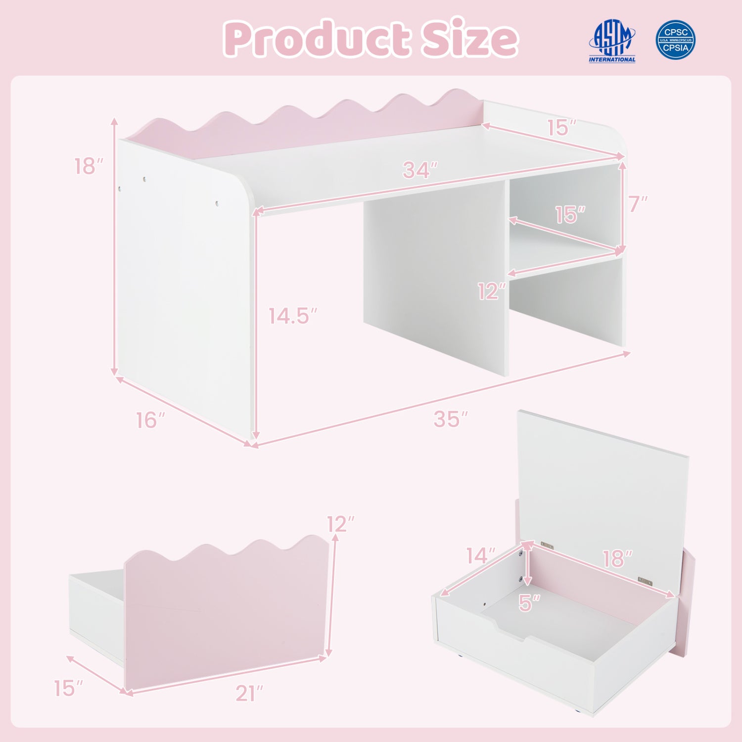 Scalloped Kids Bookshelf and Toy Storage Organizer for Playroom-Pink