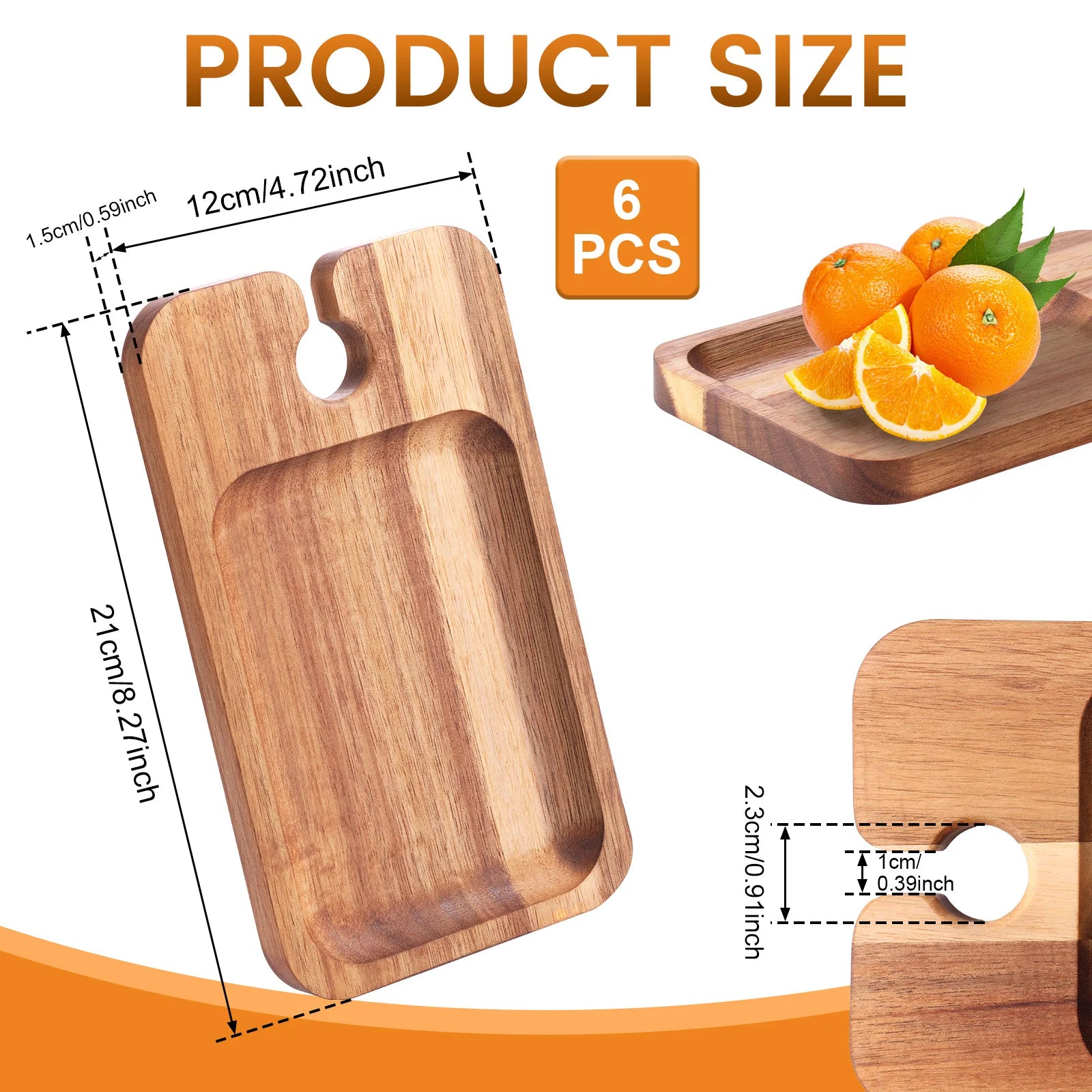 Wooden cutting boards with dimensions and a small tray with oranges on a white background