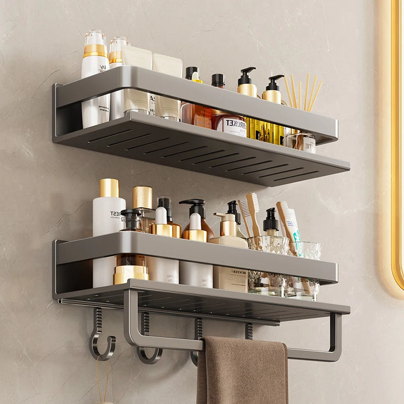 Bathroom shelf with toiletries against a neutral wall