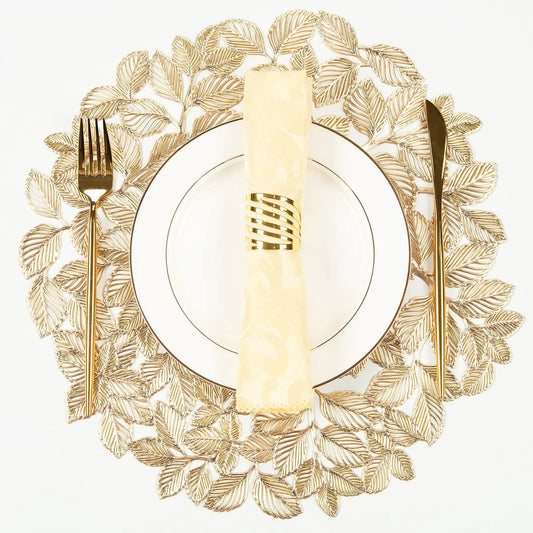 15" Gold Leaf Round Placemats Set of 6 – Non-Slip Wipeable Mats