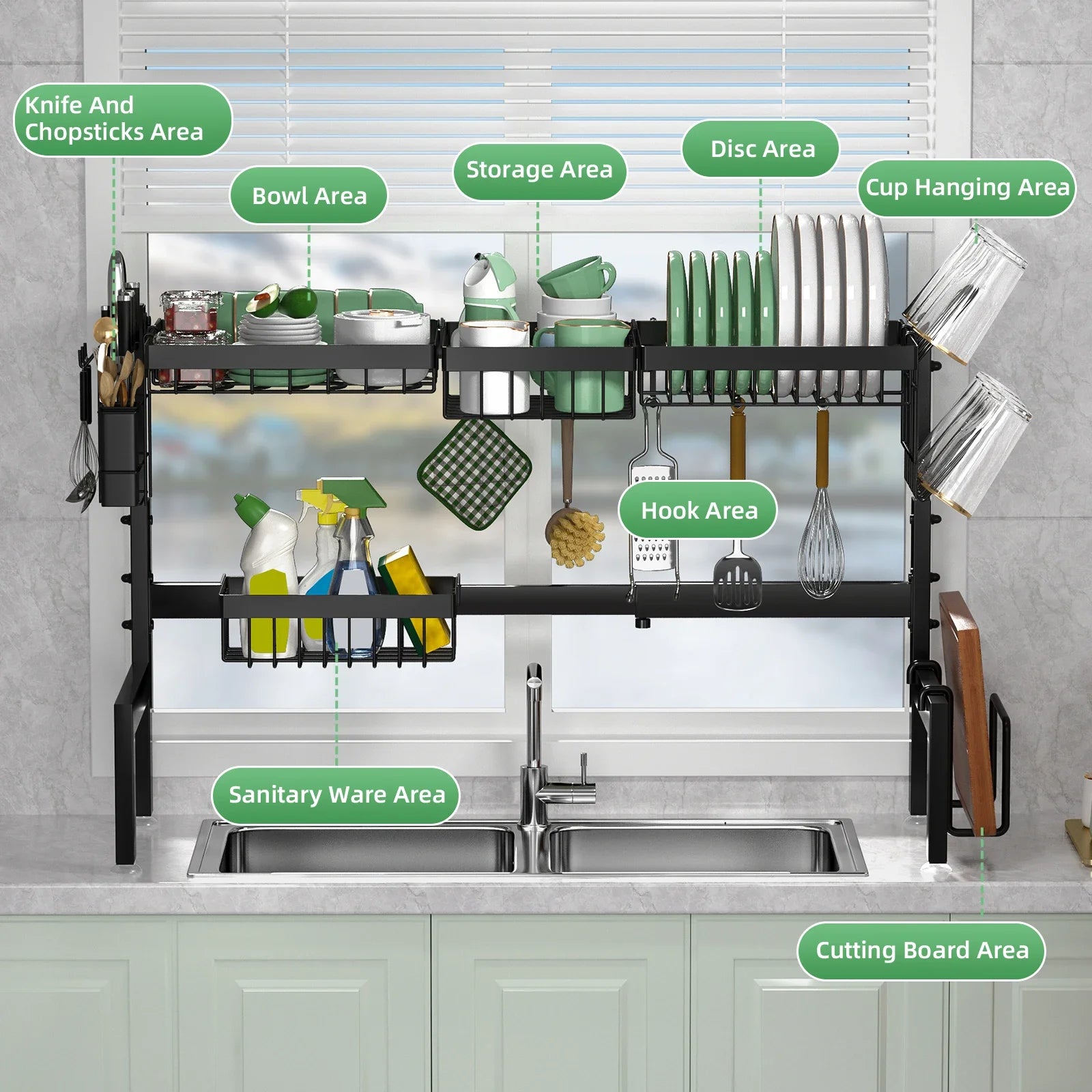 Kitchen rack with various compartments labeled over a sink.