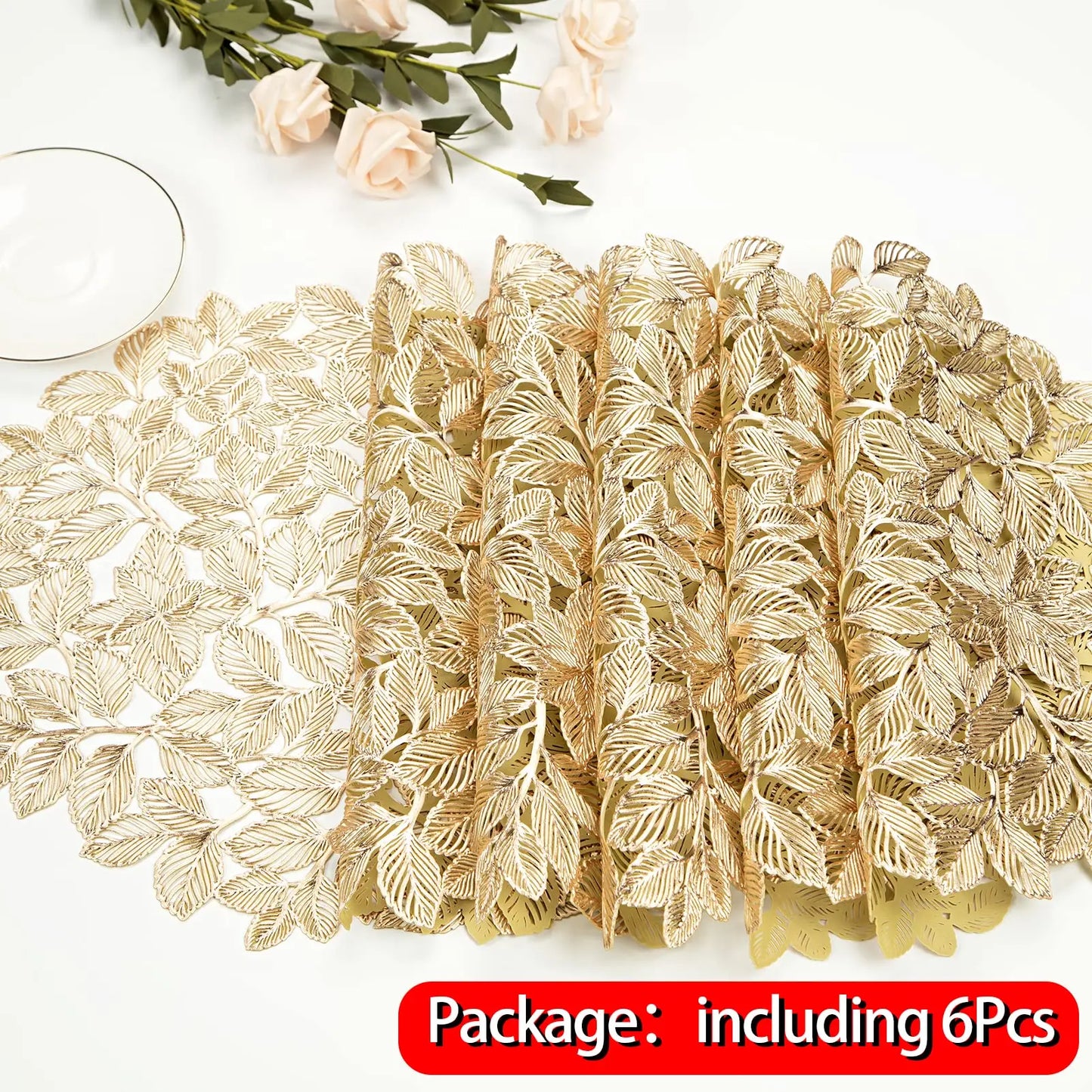 15" Gold Leaf Round Placemats Set of 6 – Non-Slip Wipeable Mats