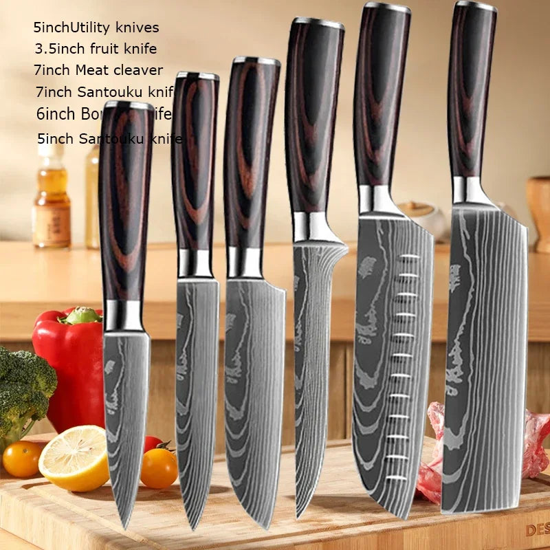 Professional Laser Knife Set, Chef, Santoku, Cleaver & Boning Knife
