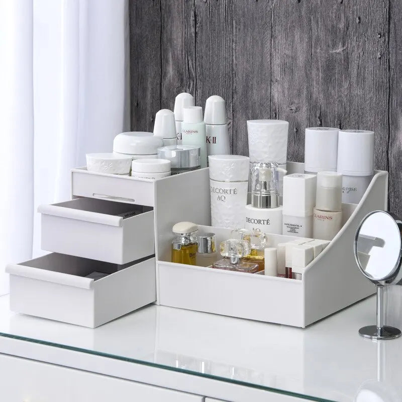 Cosmetic display with skincare products on a white surface against a wooden wall.