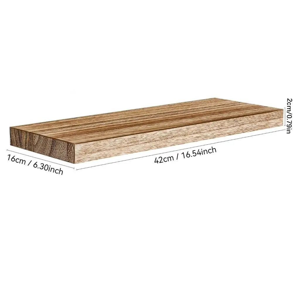 Wooden shelf with dimensions labeled on a white background