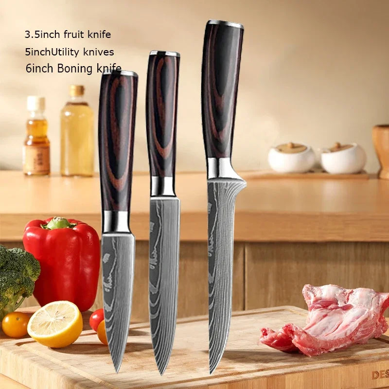 Professional Laser Knife Set, Chef, Santoku, Cleaver & Boning Knife