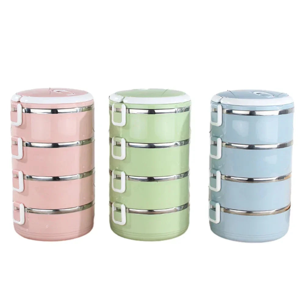 Three pastel-colored stacked containers with silver bands on a white background