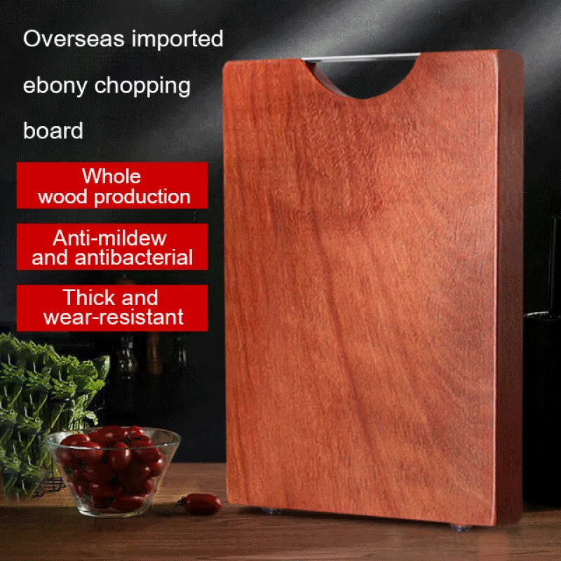 Wooden chopping board with text highlighting features on a dark background